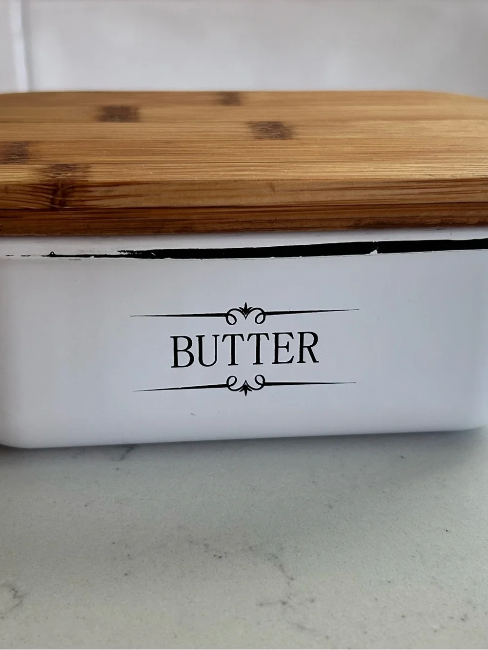 Enamel Butter Dish with Wooden Lid Farmhouse Style